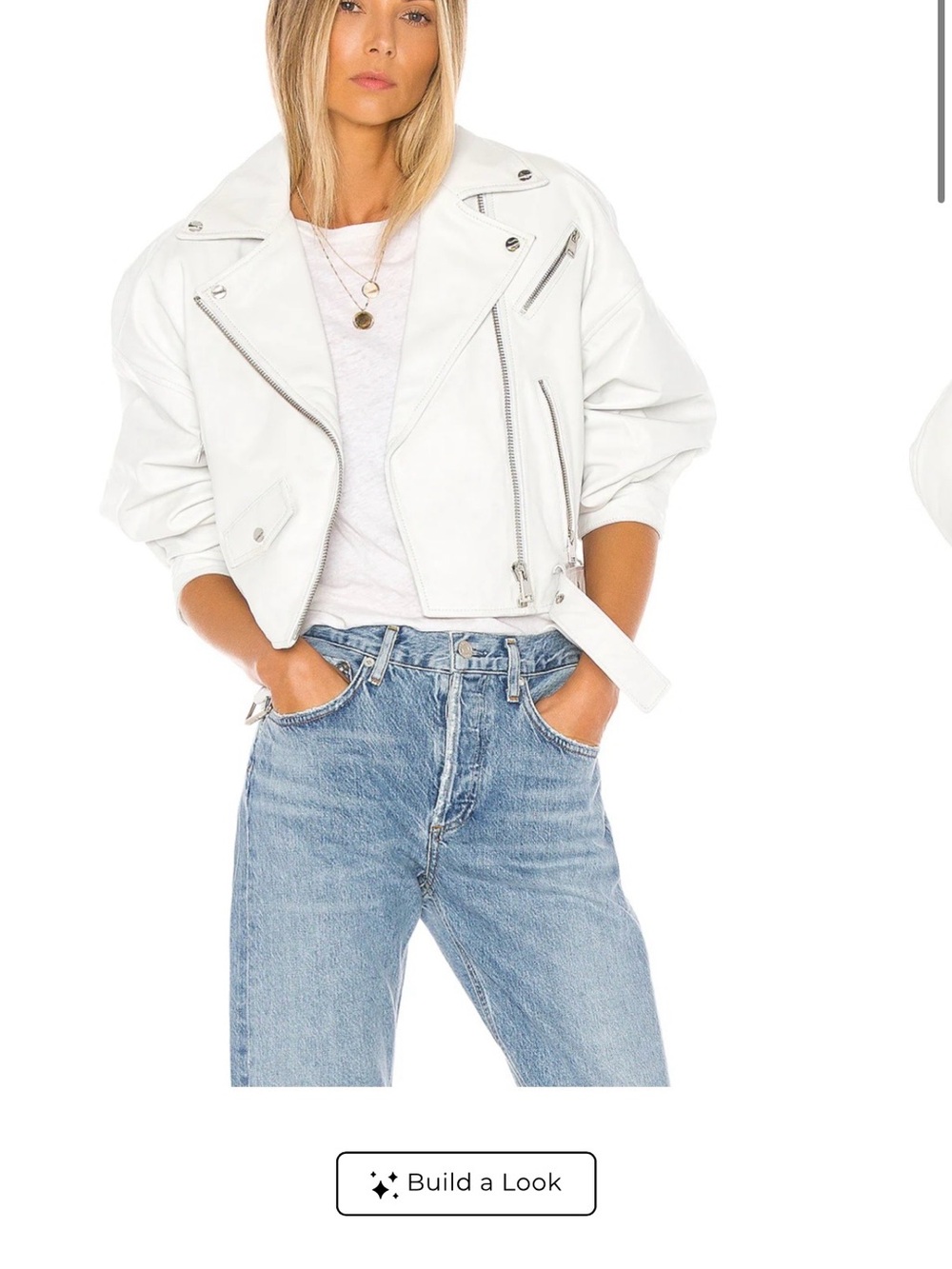 Lamarque White Cropped Leather Moto Jacket with Silver Hardware